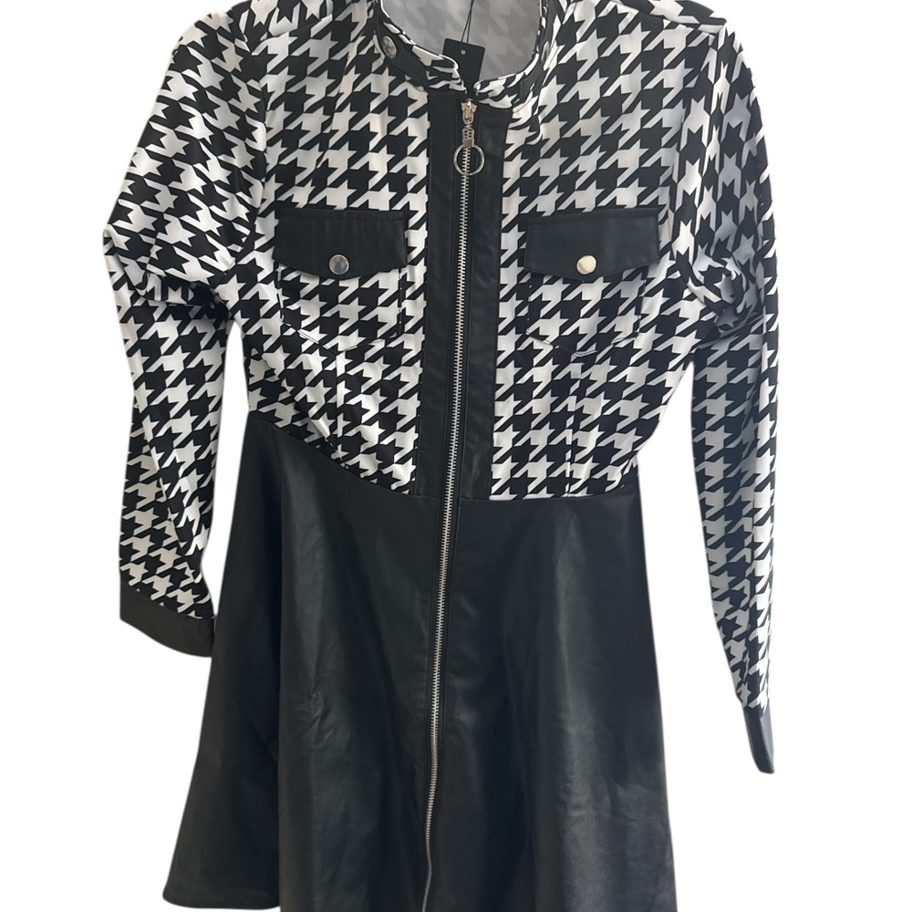Allegra K‎ New With Tags Faux Leather Black Houndstooth Dress Size Small Zipper